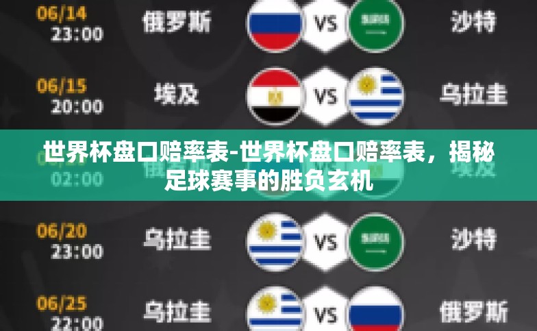 世界杯盘口赔率表-世界杯盘口赔率表,揭秘足球赛事的胜负玄机 世界杯盘口赔率表-世界杯盘口赔率表,揭秘足球赛事的胜负玄机