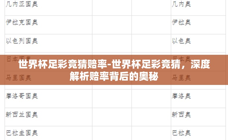 世界杯足彩竞猜赔率-世界杯足彩竞猜,深度解析赔率背后的奥秘 世界杯足彩竞猜赔率-世界杯足彩竞猜,深度解析赔率背后的奥秘