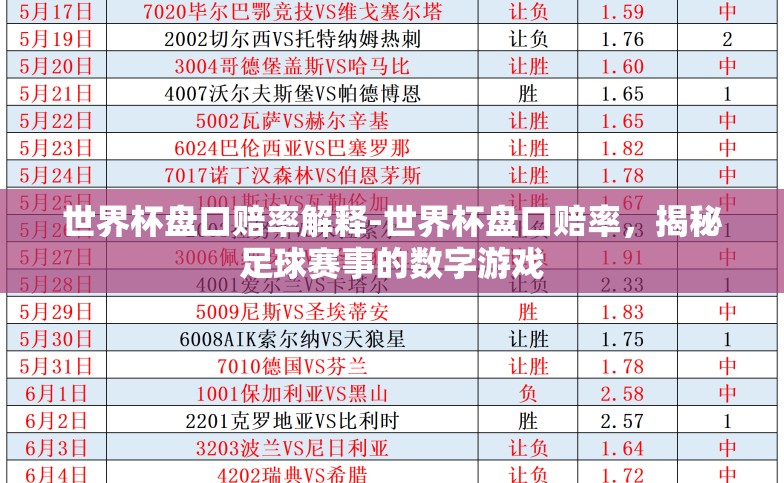 世界杯盘口赔率解释-世界杯盘口赔率，揭秘足球赛事的数字游戏