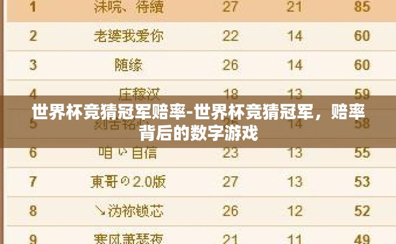 世界杯竞猜冠军赔率-世界杯竞猜冠军,赔率背后的数字游戏 世界杯竞猜冠军赔率-世界杯竞猜冠军,赔率背后的数字游戏